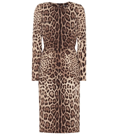 Shop Dolce & Gabbana Leopard-print Stretch-silk Dress In Brown