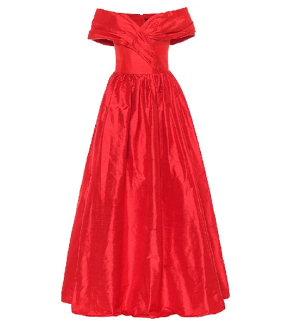 Shop Rasario Off-the-shoulder Silk-satin Gown In Red