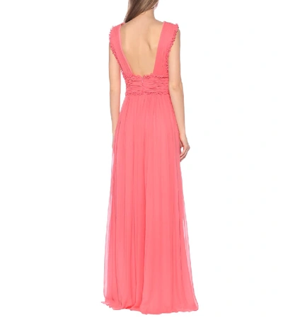 Shop Costarellos Plissé Silk-blend Chiffon Gown In Pink