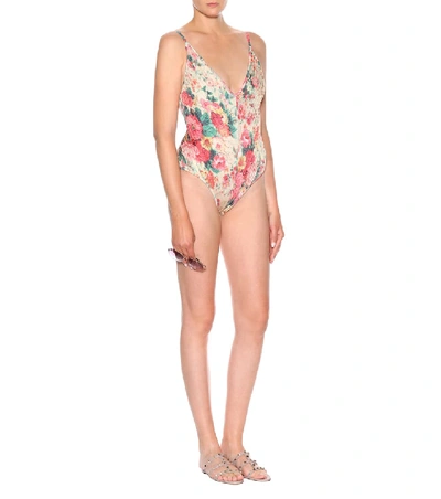 Shop Zimmermann Laelia Floral Pintuck Swimsuit In Multicoloured