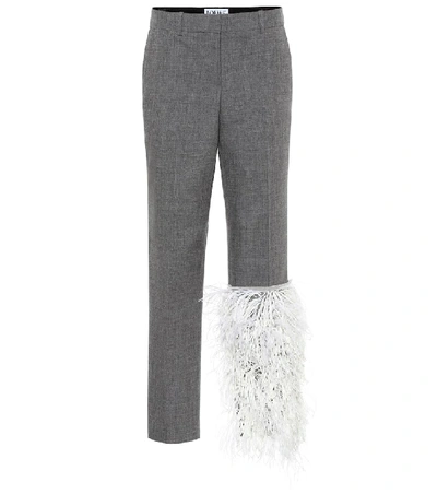 Shop Loewe Feather-trimmed Wool Pants In Grey