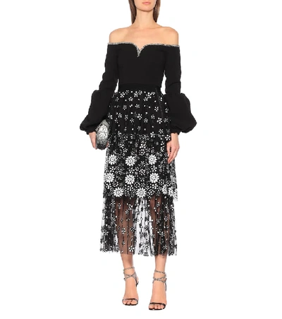 Shop Self-portrait Floral Sequined Tulle Skirt In Black