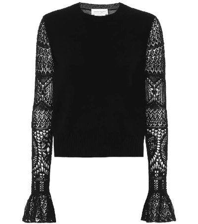 Shop Alexander Mcqueen Lace-trimmed Wool Sweater In Black