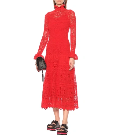 Shop Alexander Mcqueen Cotton-blend Lace Midi Dress In Red