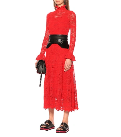 Shop Alexander Mcqueen Cotton-blend Lace Midi Dress In Red