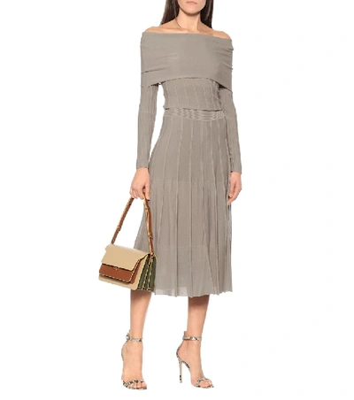 Shop Agnona Pleated Stretch-knit Midi Skirt In Grey