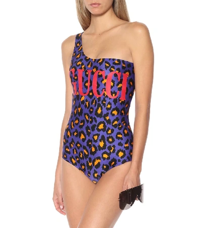 Shop Gucci One-shoulder Leopard-print Swimsuit In Purple