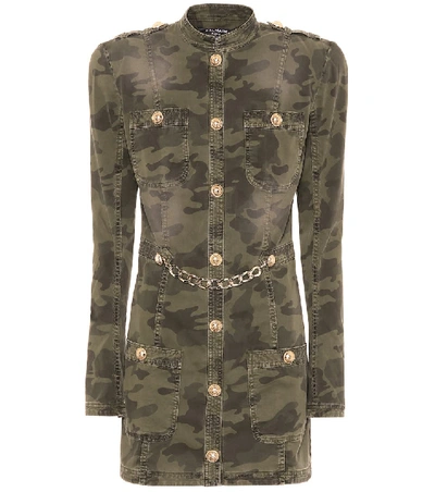 Shop Balmain Camouflage Stretch-cotton Minidress In Green