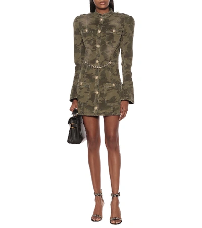 Shop Balmain Camouflage Stretch-cotton Minidress In Green