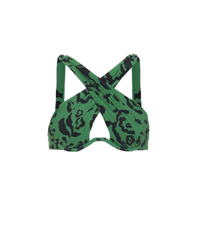 Shop Self-portrait Leopard-print Bikini Top In Green