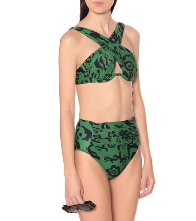 Shop Self-portrait Leopard-print Bikini Top In Green