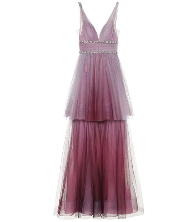 Shop Marchesa Notte Embellished Tulle Gown In Purple