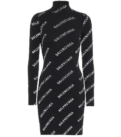 Shop Balenciaga Logo Ribbed-knit Minidress In Black