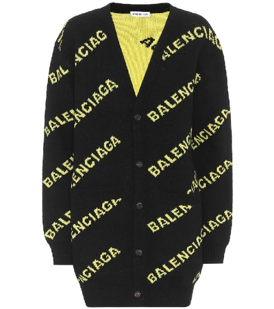 Shop Balenciaga Logo Instarsia Wool Cardigan In Black