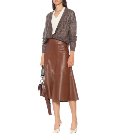 Shop Brunello Cucinelli High-rise Leather Midi Skirt In Brown