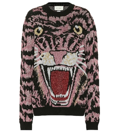 Shop Gucci Tiger Metallic Jacquard Sweater In Pink