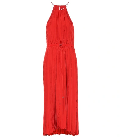 Shop Tibi Pleated Satin Midi Dress In Red