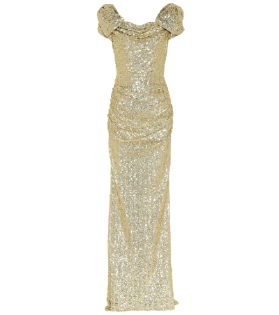 Shop Dolce & Gabbana Sequined Puff-sleeve Gown In Gold