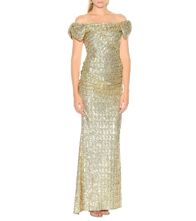 Shop Dolce & Gabbana Sequined Puff-sleeve Gown In Gold