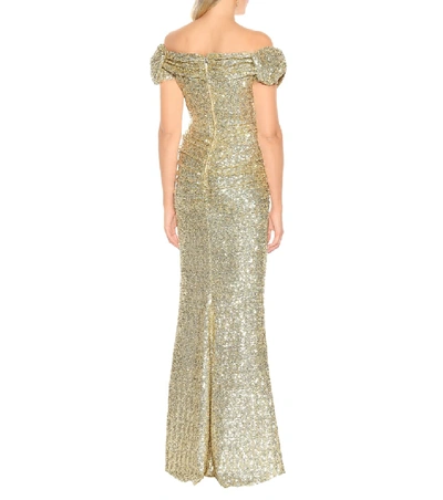 Shop Dolce & Gabbana Sequined Puff-sleeve Gown In Gold