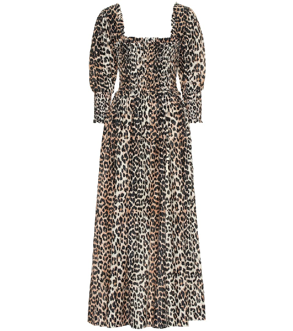 ganni cotton silk dress leopard