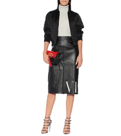 Shop Valentino Vltn Leather Midi Skirt In Black