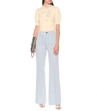 Shop Red Valentino High-rise Flared Cotton-blend Pants In Blue
