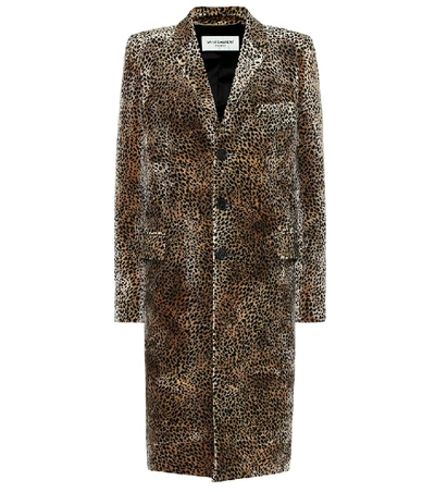 Shop Saint Laurent Leopard-print Velvet Coat In Beige