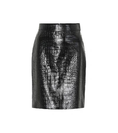 Shop Gucci Embossed Leather Pencil Skirt In Black