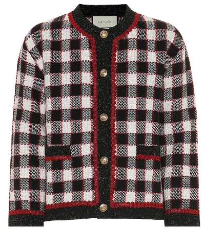 Shop Gucci Checked Wool Cardigan In Black