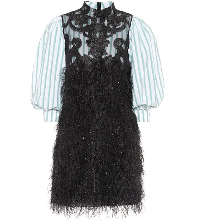 Shop Ganni Faux Feather And Lace Minidress In Black