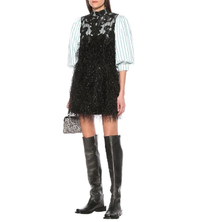 Shop Ganni Faux Feather And Lace Minidress In Black