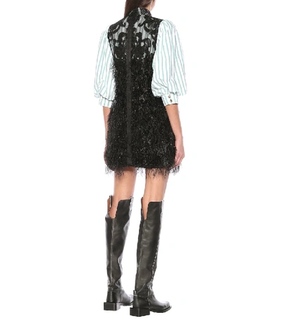 Shop Ganni Faux Feather And Lace Minidress In Black