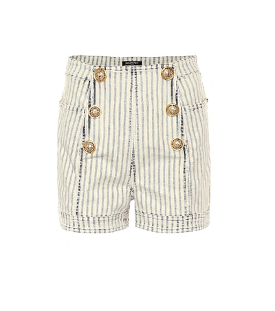 Shop Balmain Striped High-rise Denim Shorts In Blue