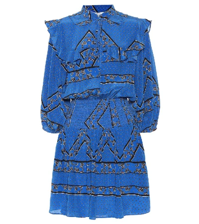 Shop Ganni Sandwashed Silk Smocked Minidress In Blue