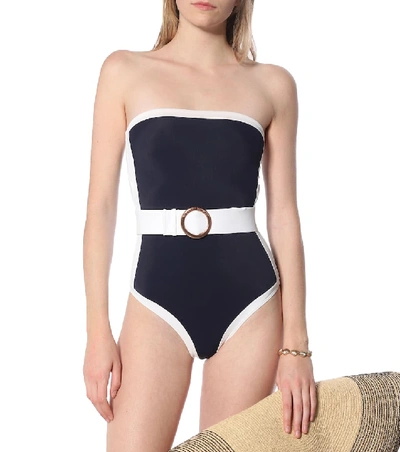 Shop Alexandra Miro Whitney Belted Bandeau Swimsuit In Blue