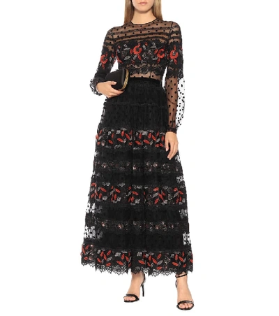 Shop Costarellos Embroidered Tulle Gown In Black