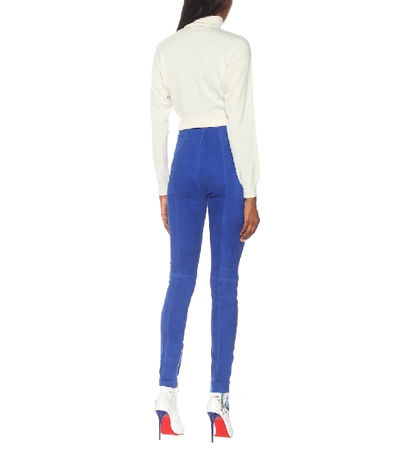 Shop Balmain High-rise Suede Leggings In Blue