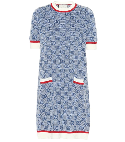 Shop Gucci Gg Wool And Cotton Knit Dress In Blue