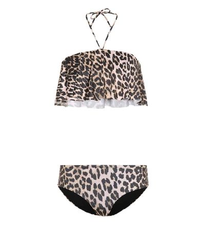 Shop Ganni Nova Leopard-printed Bikini In Brown