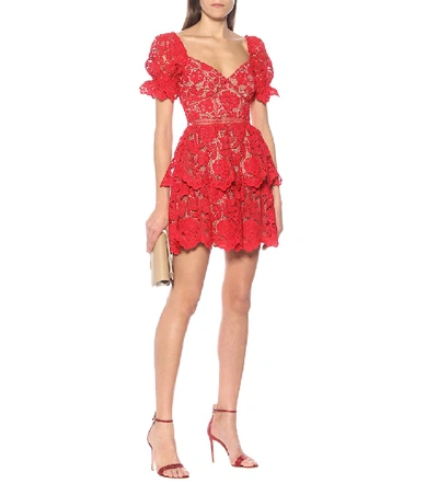 Shop Self-portrait Floral-lace Minidress In Red