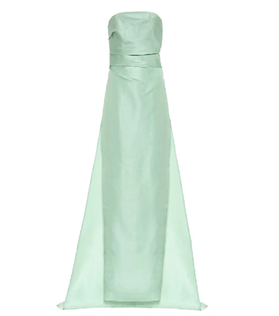 Shop Monique Lhuillier Off-the-shoulder Silk Gown In Green