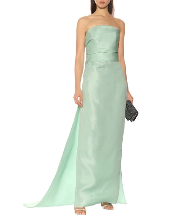 Shop Monique Lhuillier Off-the-shoulder Silk Gown In Green