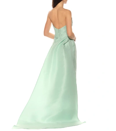 Shop Monique Lhuillier Off-the-shoulder Silk Gown In Green