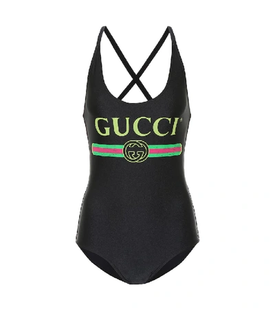 Shop Gucci Logo Swimsuit In Black