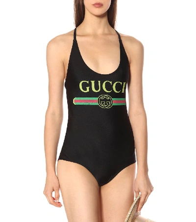 Shop Gucci Logo Swimsuit In Black