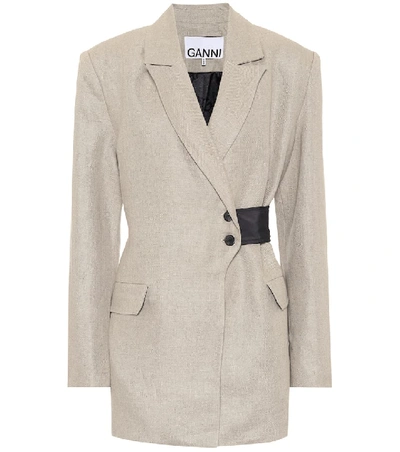 Shop Ganni Linen Blazer In Grey
