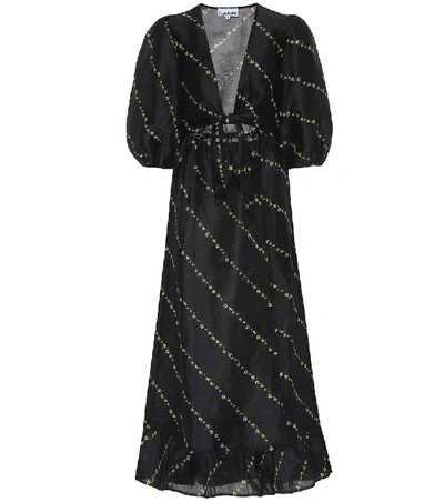 Shop Ganni Printed Linen And Silk Midi Dress In Black