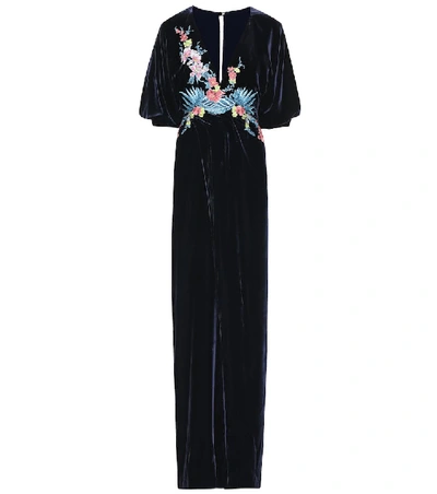 Shop Costarellos Embroidered Velvet Gown In Blue
