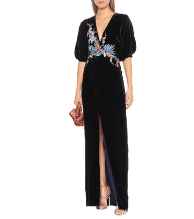 Shop Costarellos Embroidered Velvet Gown In Blue